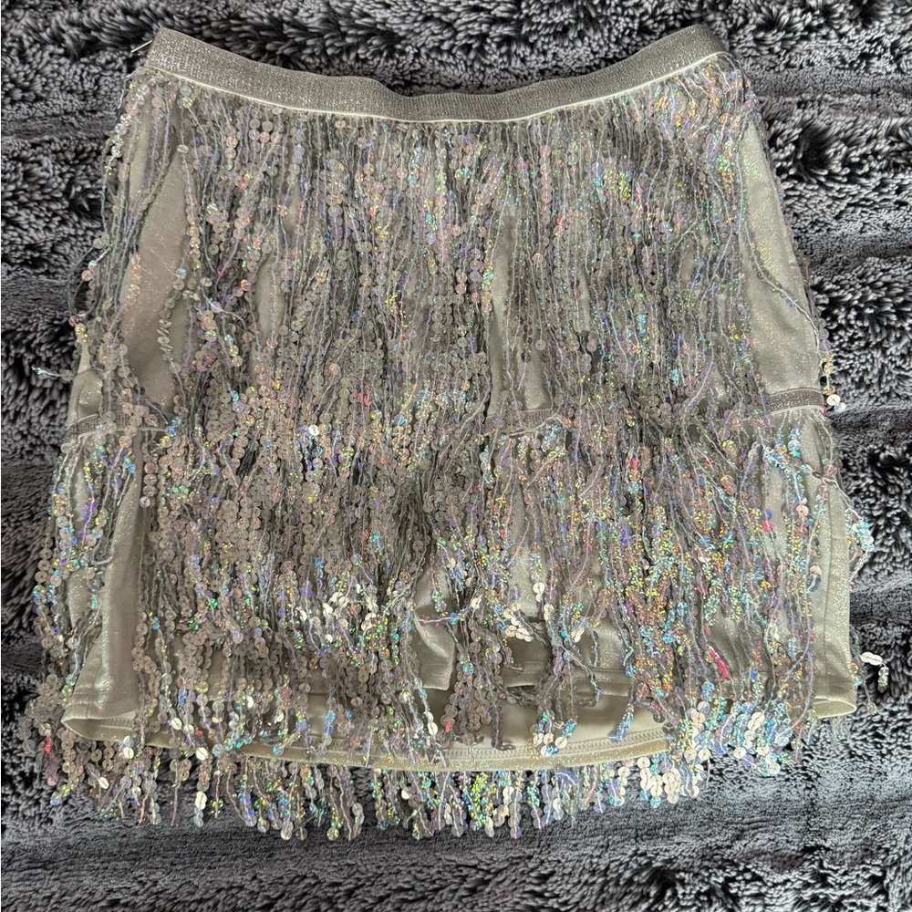 Silver Sequin Fringe Skirt
